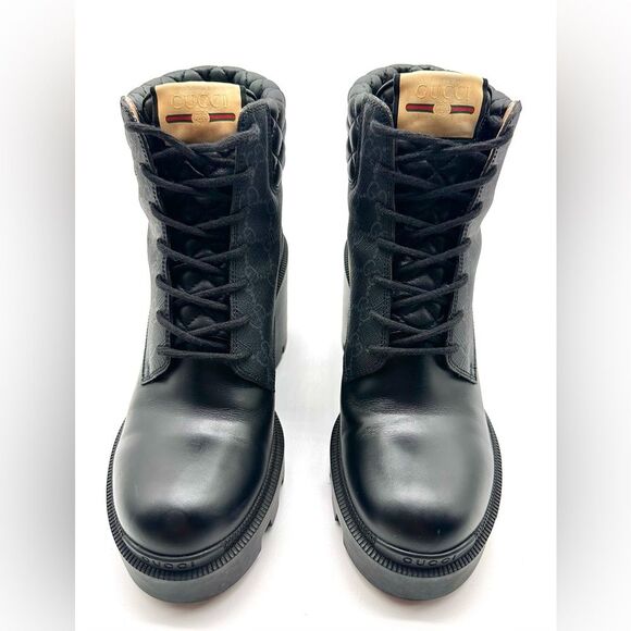 Gucci Apollo GG Monogram Canvas Black Leather Samoa Trip Combat Boots EU 40 US10 - Picture 4 of 13